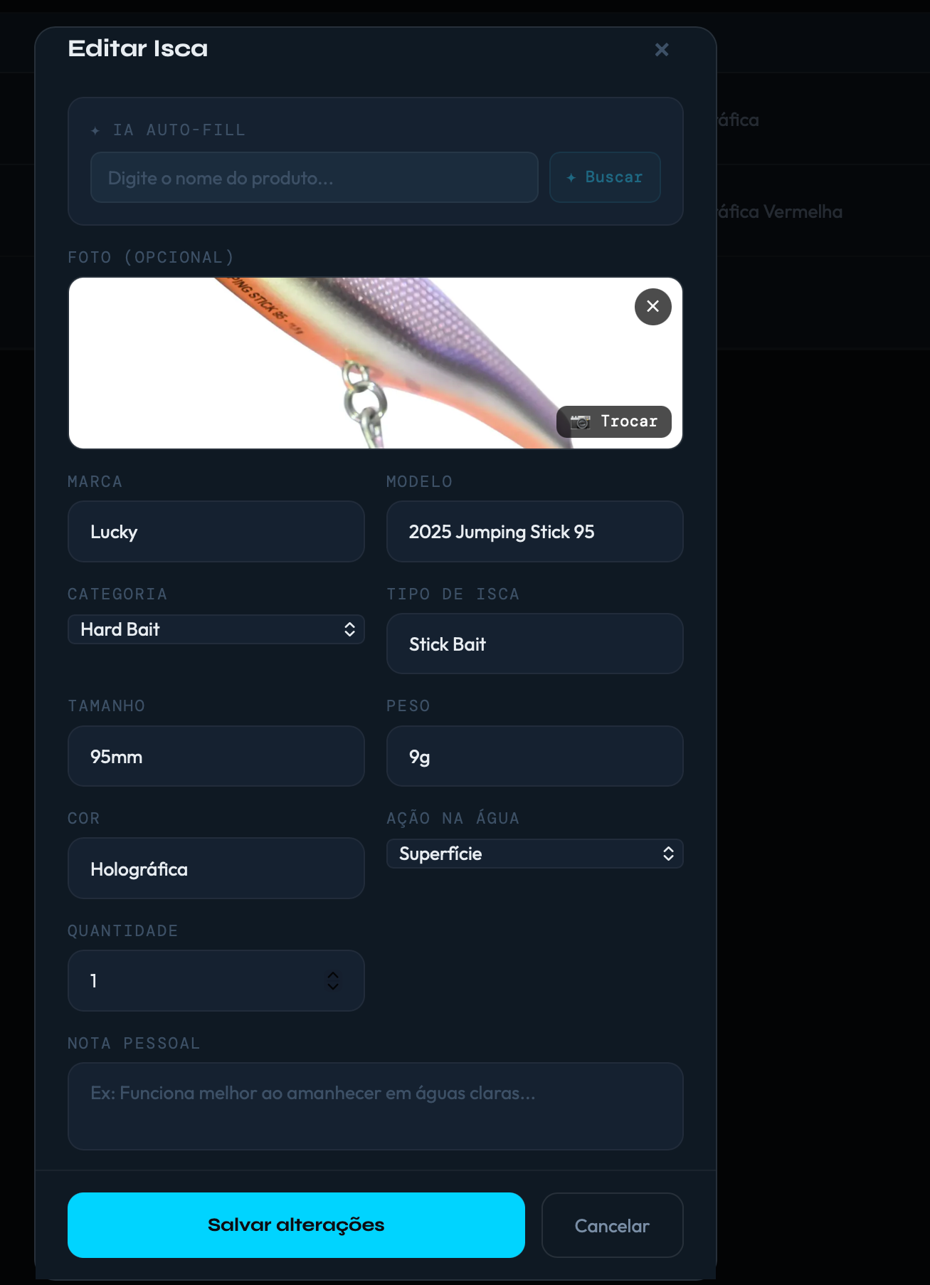 Modal de cadastro de isca no TACKL com IA Auto-fill